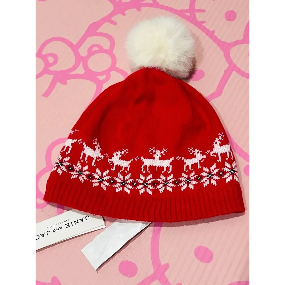 NWT❤️Janie and Jack Reindeer Fair Pom Beanie sz4/5